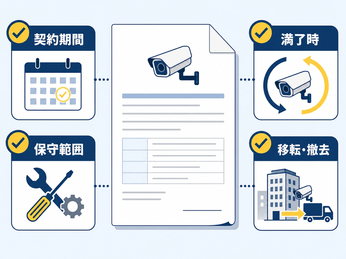 防犯カメラのリース契約で契約期間・保守範囲・満了時・移転撤去を確認する図
