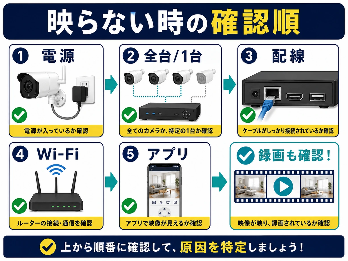 防犯カメラが映らない時に電源、全台か1台か、配線、Wi-Fi、アプリを順に確認する図