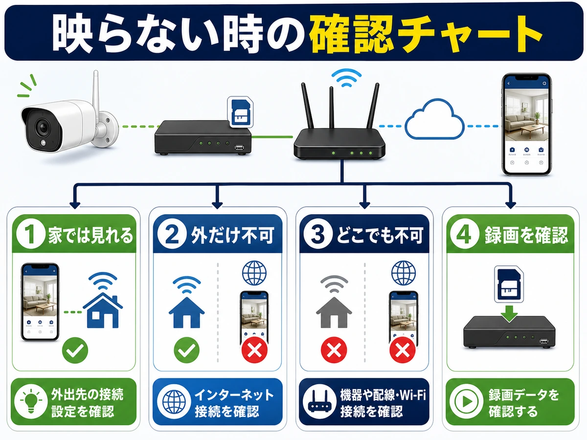 防犯カメラアプリが見れない時に家では見れる、外だけ不可、どこでも不可、録画確認を分ける図