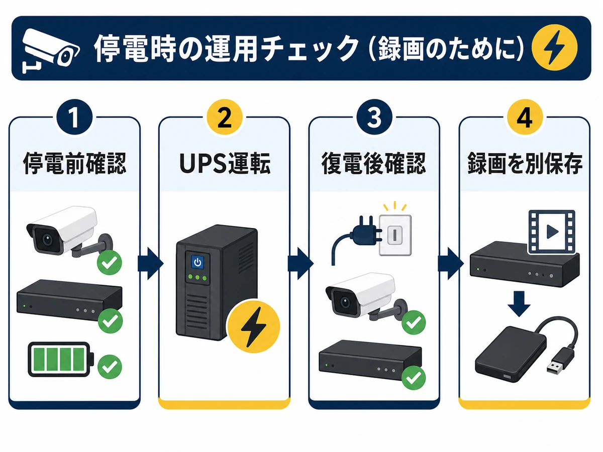 停電前確認、UPS運転、復電後確認、録画の別保存を示す運用チェック図