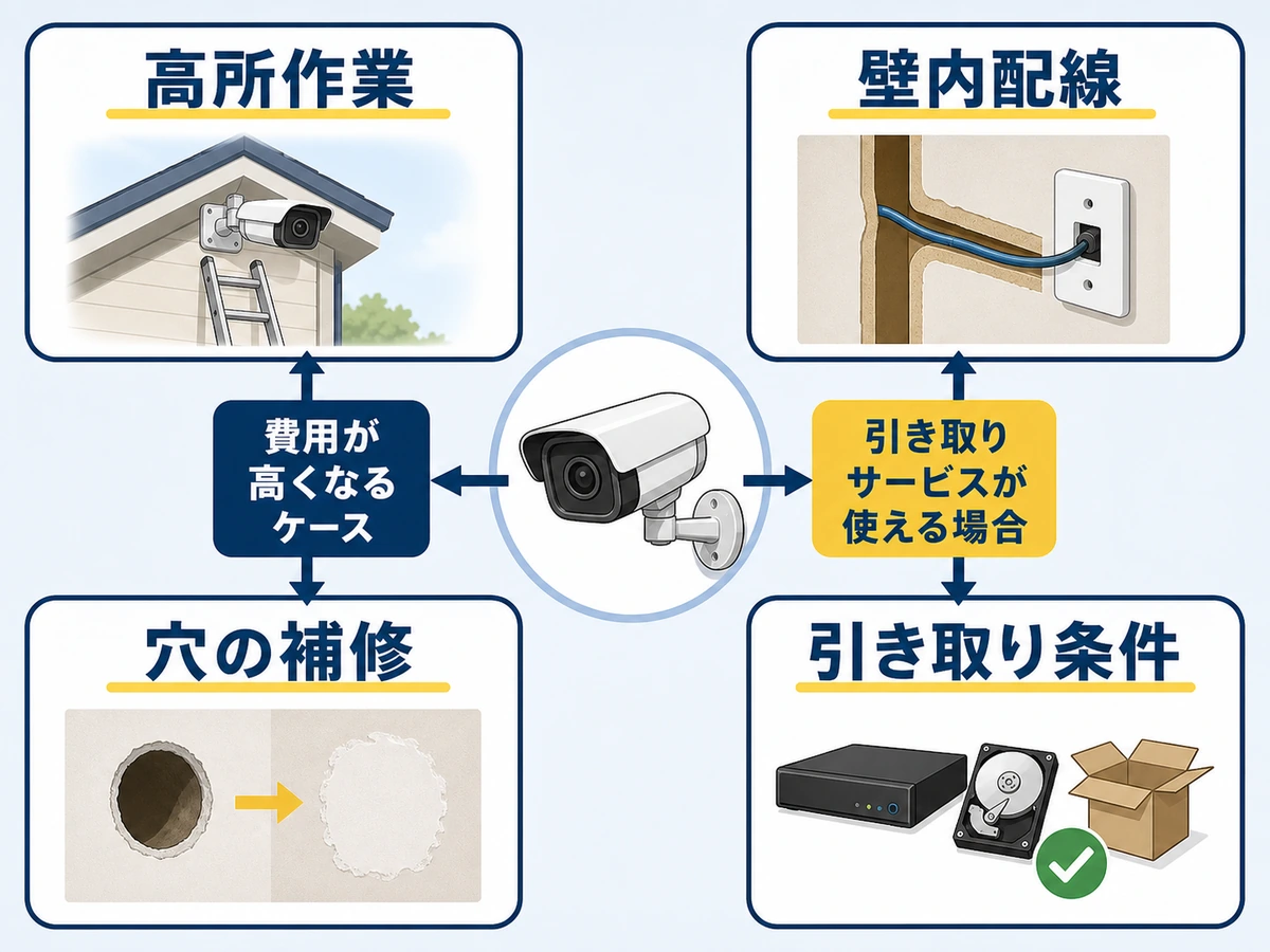 防犯カメラの撤去費用が増えやすい高所作業、壁内配線、穴補修、引き取り条件
