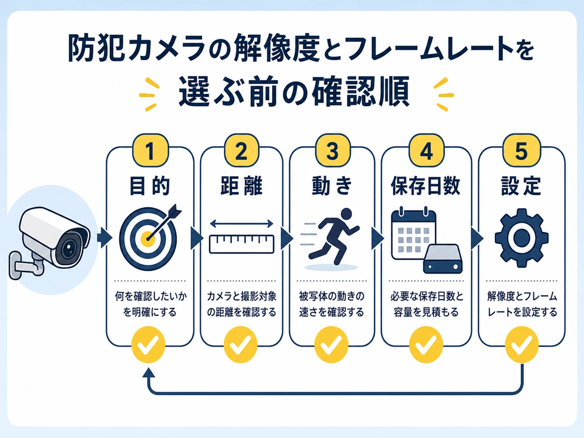 防犯カメラの解像度とfpsを選ぶ前に目的・距離・動き・保存日数・設定を確認する流れ