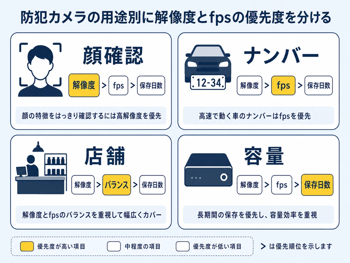 顔確認・ナンバー・店舗・容量で解像度とfpsの優先度を分ける図