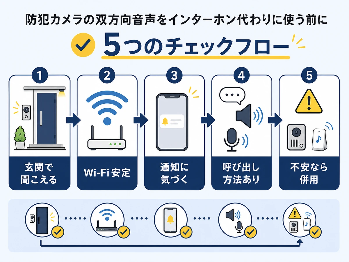 防犯カメラの双方向通話を使う前の確認フロー
