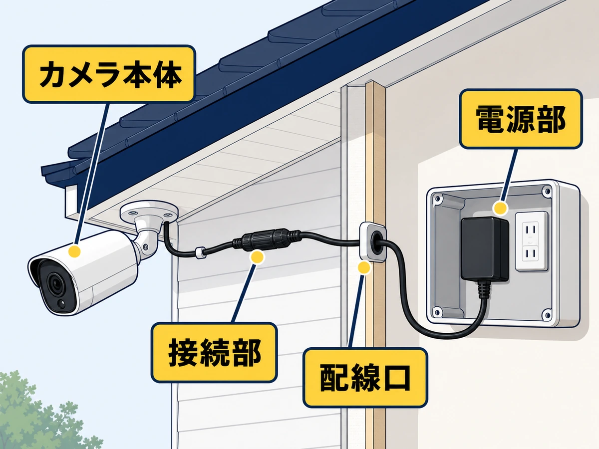 軒下の防犯カメラで防水条件を分けて確認する部位
