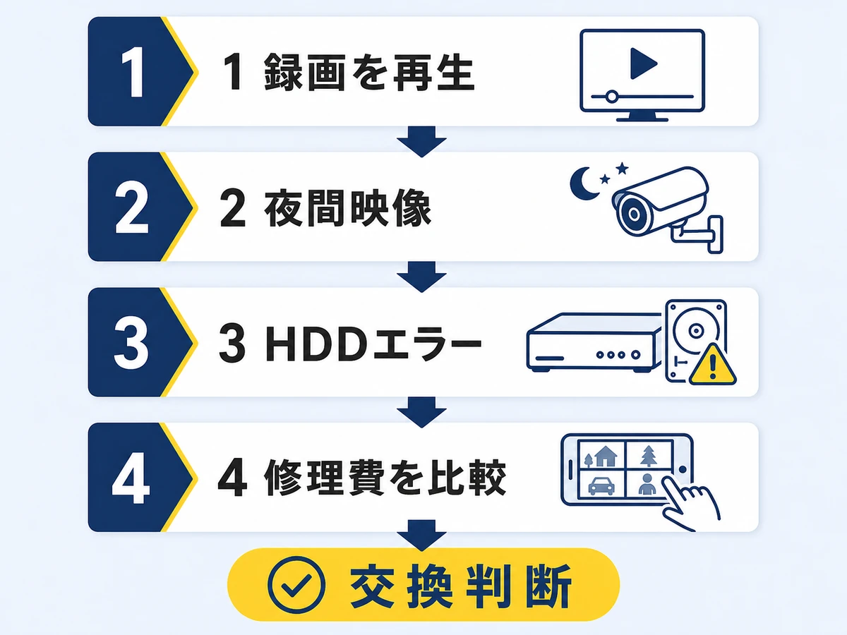 防犯カメラの交換判断を録画再生、夜間映像、HDDエラー、修理費で確認する流れ