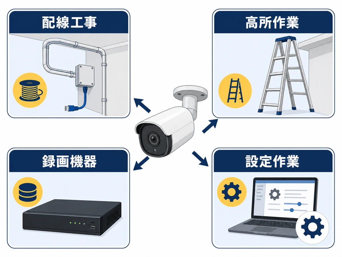 防犯カメラ増設で費用に加わる配線工事・高所作業・録画機器・設定作業