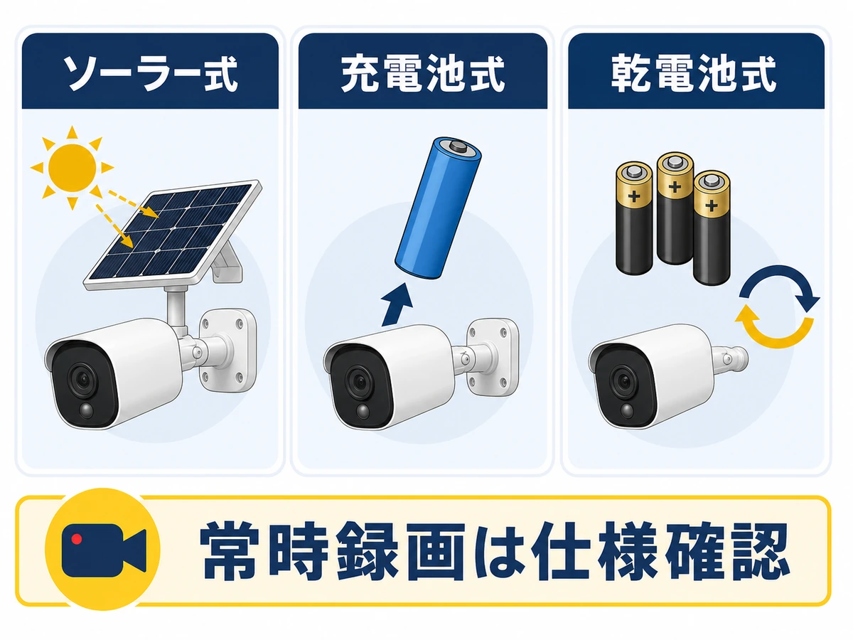 ソーラー式・充電池式・乾電池式の管理方法を比べる図
