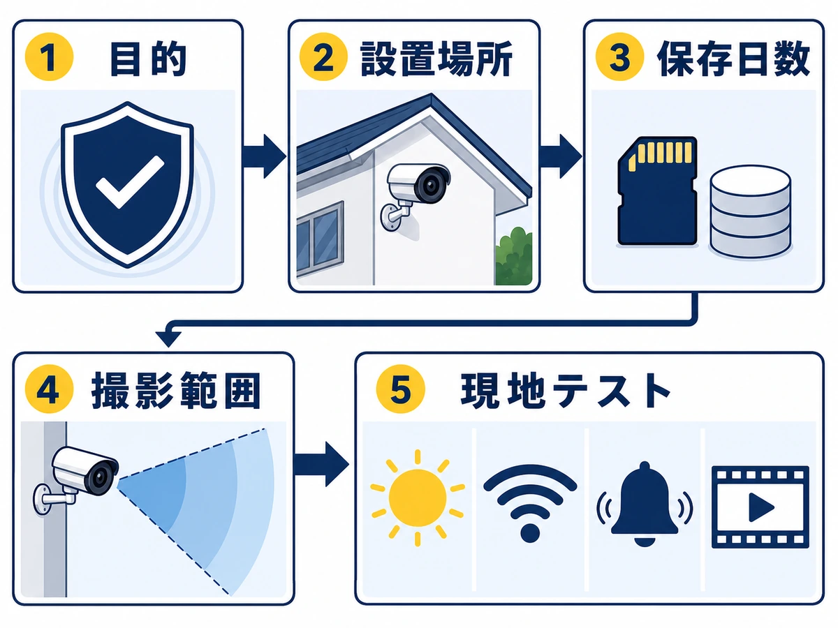 防犯カメラ購入前の目的・設置場所・保存日数・撮影範囲・現地テストの流れ