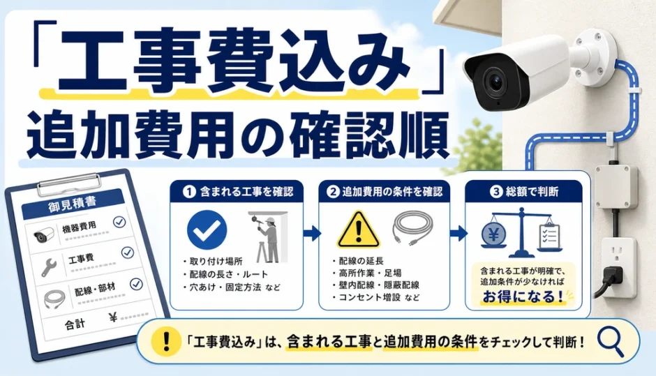 防犯カメラの工事費込みセットで追加費用の確認順を示す図