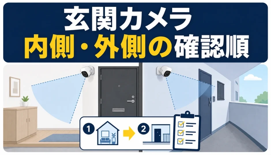 マンション玄関の防犯カメラを内側・外側で比較し、確認順を示す図