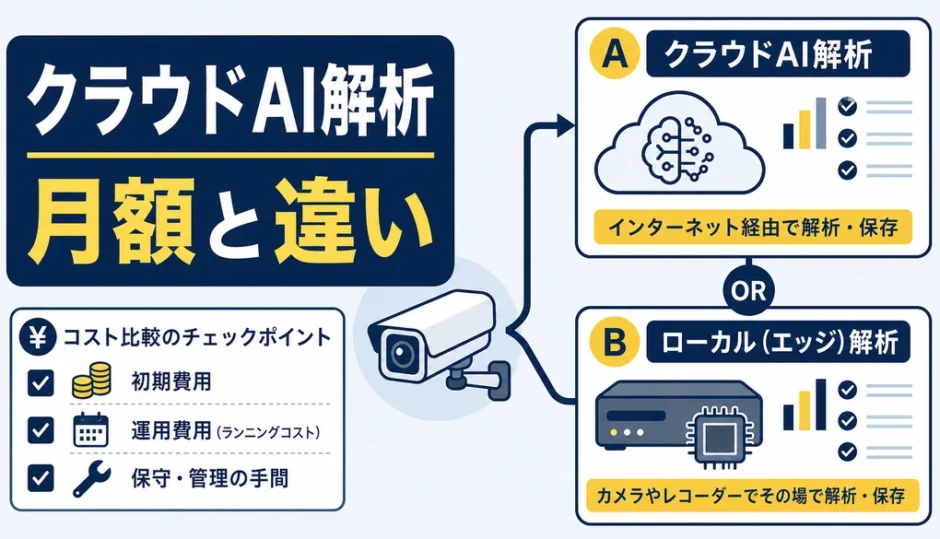 クラウドAI解析付き防犯カメラの月額とローカル処理との違いを示す図