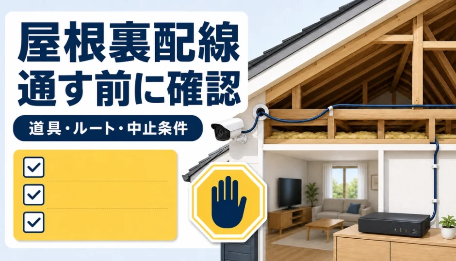 防犯カメラの屋根裏配線で道具・ルート・中止条件を確認するイメージ