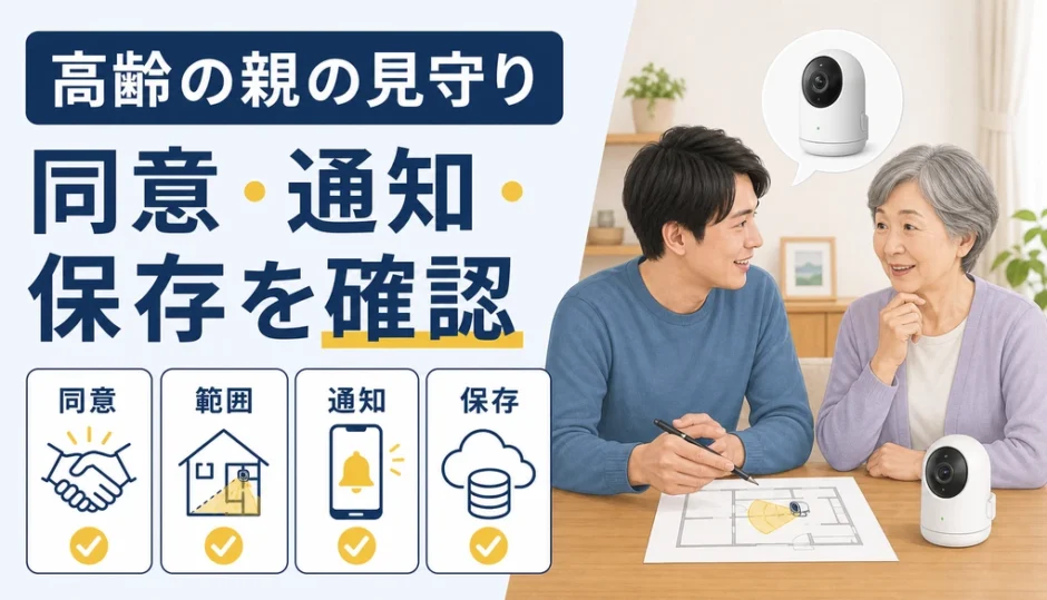 高齢の親の見守りカメラで同意・通知・保存を確認するイメージ