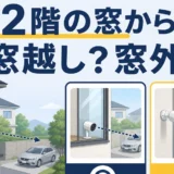 2階の窓から屋外を撮る防犯カメラについて、窓越しと窓外を比べるイラスト