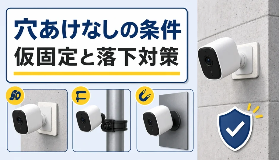 コンクリート壁付近で防犯カメラを穴あけなしで仮固定する条件と落下対策