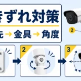 屋外防犯カメラの向きずれ対策として固定先、金具、角度を順に確認する図