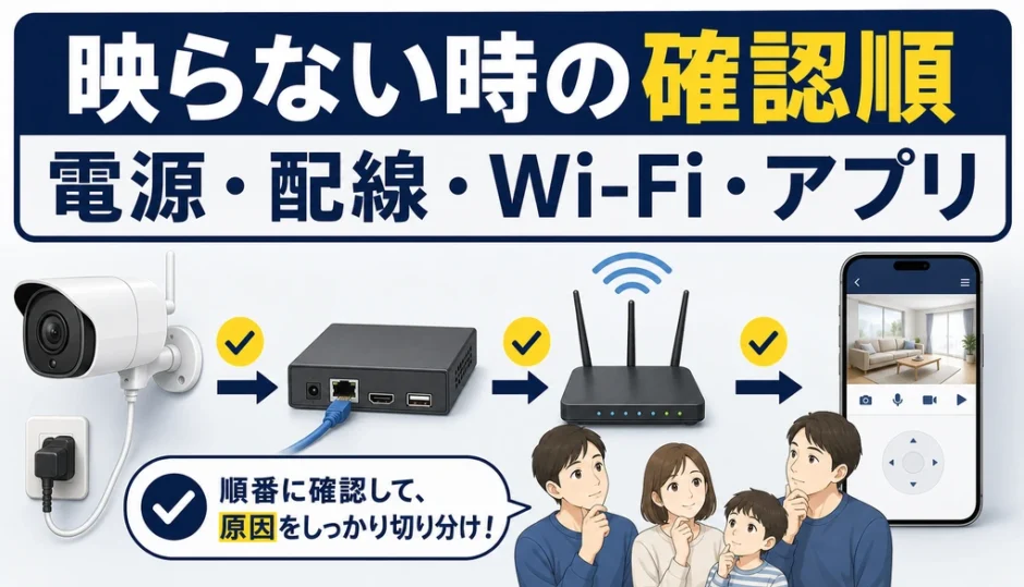 防犯カメラが映らない時に電源、配線、Wi-Fi、アプリを順に確認する流れ