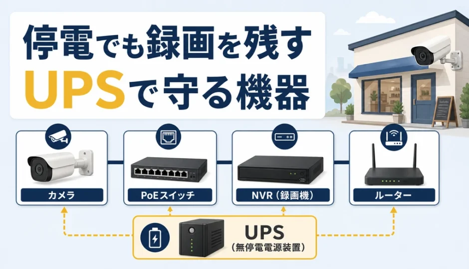 停電でも防犯カメラ録画を残すためにUPSで守る機器を示した図