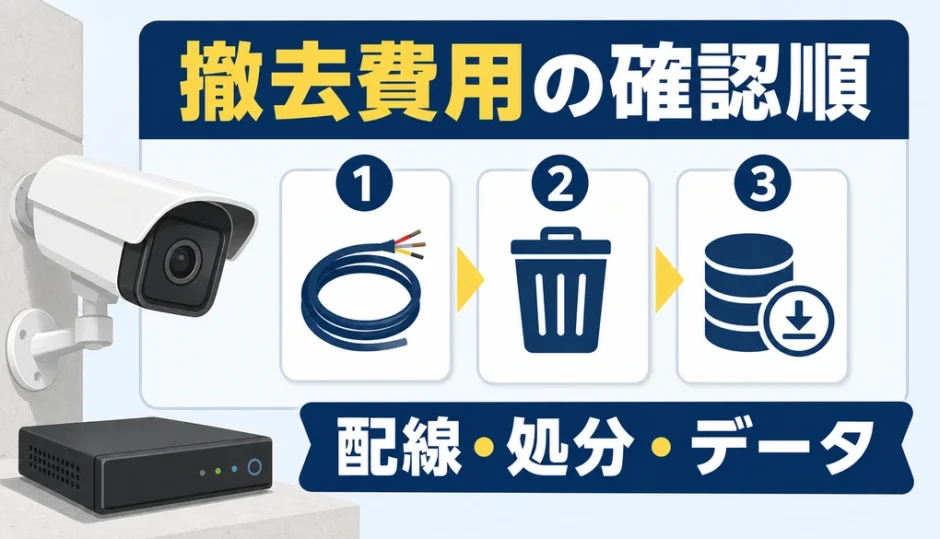 防犯カメラ撤去・処分費用の確認順を示すサムネイル