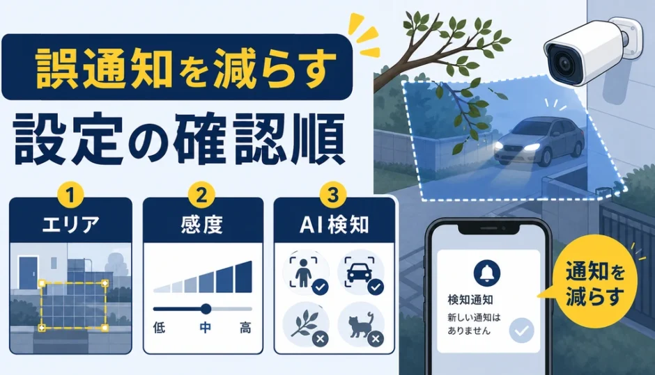 防犯カメラの誤通知を減らす設定の確認順