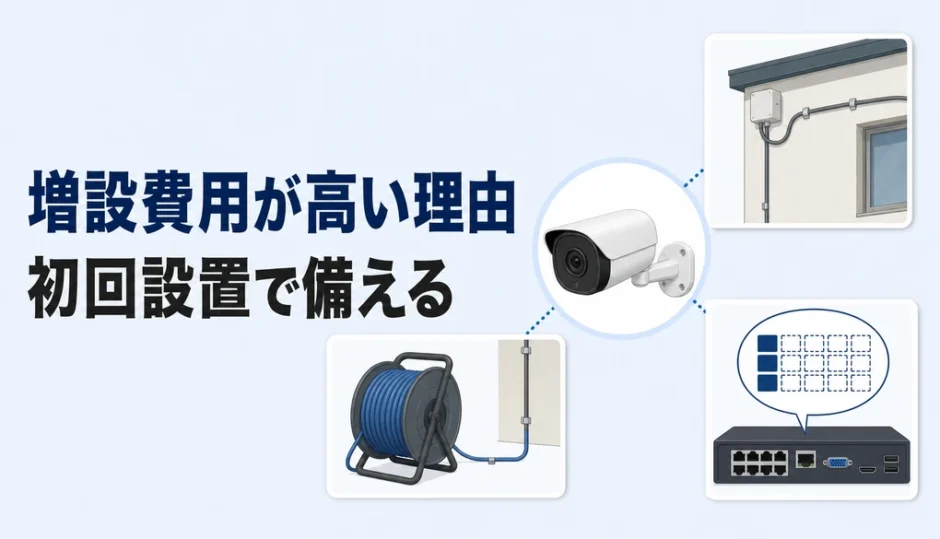 防犯カメラの増設費用が高くなる理由と初回設置の備えを示す図