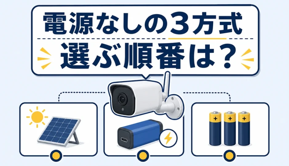 電源工事なしの屋外防犯カメラ3方式を示す比較サムネイル