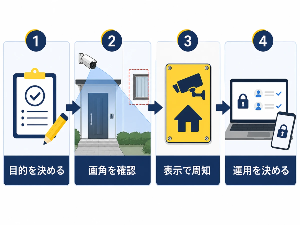 防犯カメラの目的・画角・表示・運用を順に確認するフロー