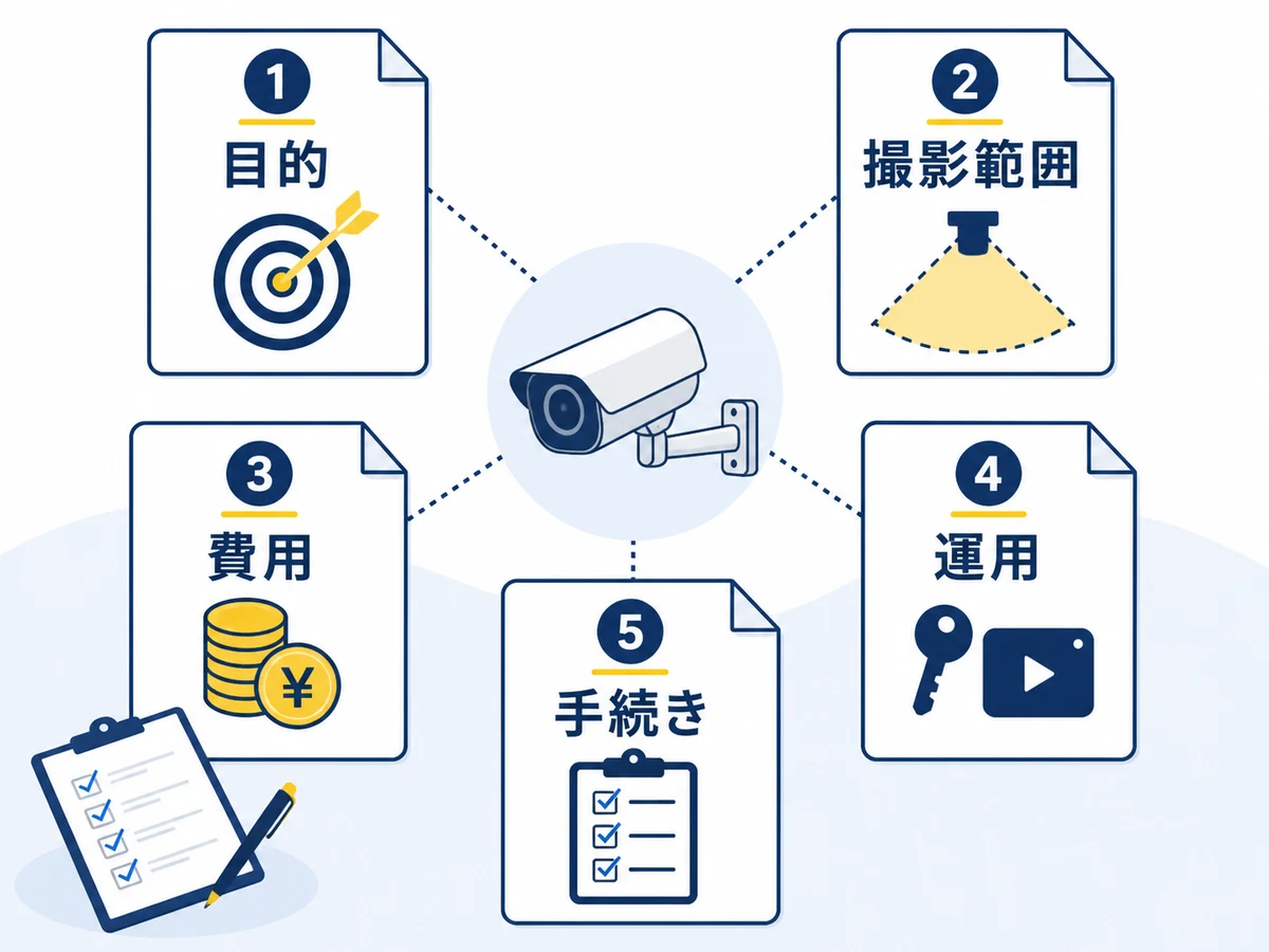 防犯カメラ設置の合意前に確認する目的・撮影範囲・費用・運用・手続き