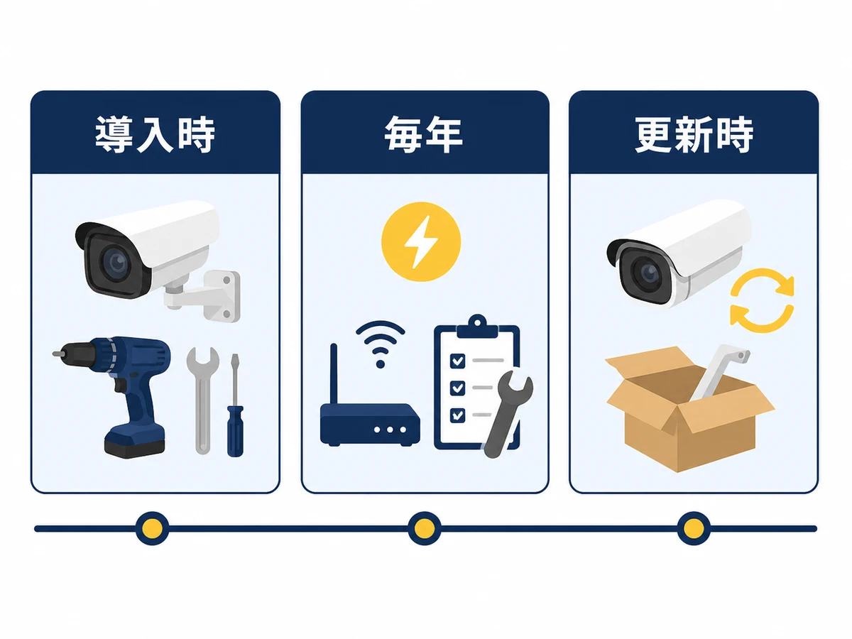 防犯カメラの費用を導入時・毎年・更新時に分けて確認する図