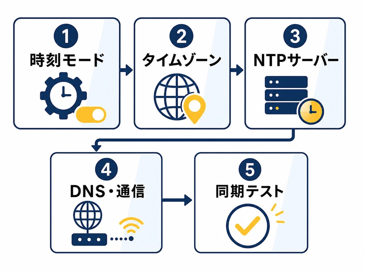 防犯カメラのNTP設定を時刻モードから同期テストまで確認する5段階フロー