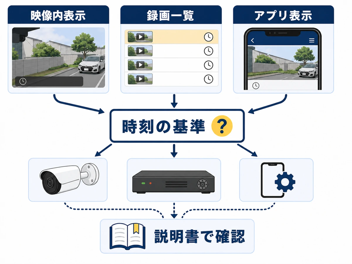 映像内表示・録画一覧・アプリ表示から時刻の基準機器を確認する分岐図