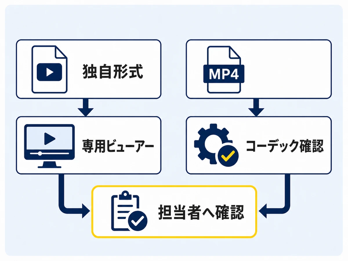 独自形式とMP4で必要な再生確認の違いを示す判断図