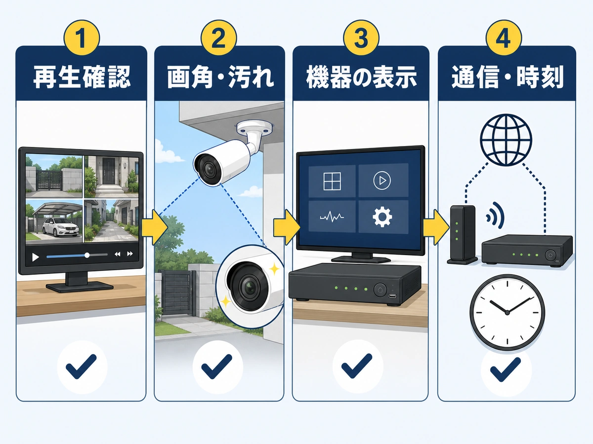 防犯カメラを再生確認、画角と汚れ、機器表示、通信と時刻の順に点検する図