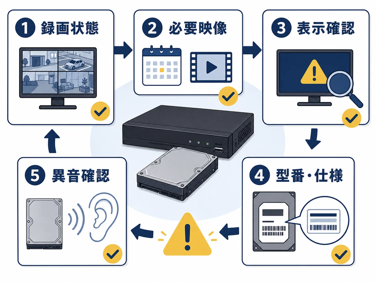 HDD未認識時に録画状態、必要映像、表示、型番、異音を確認する順番