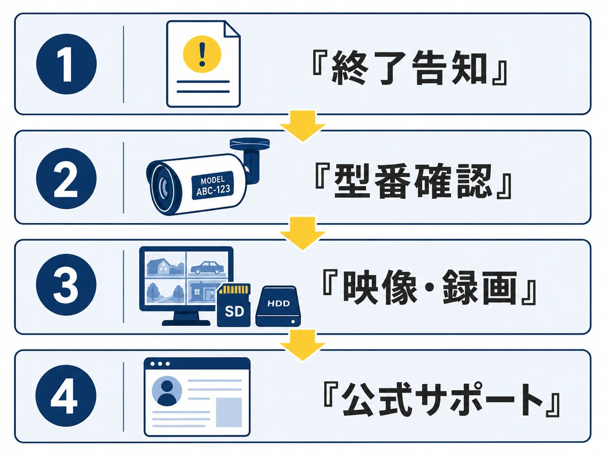 アプリ終了後に終了告知、型番、映像と録画、公式サポートを確認する流れ