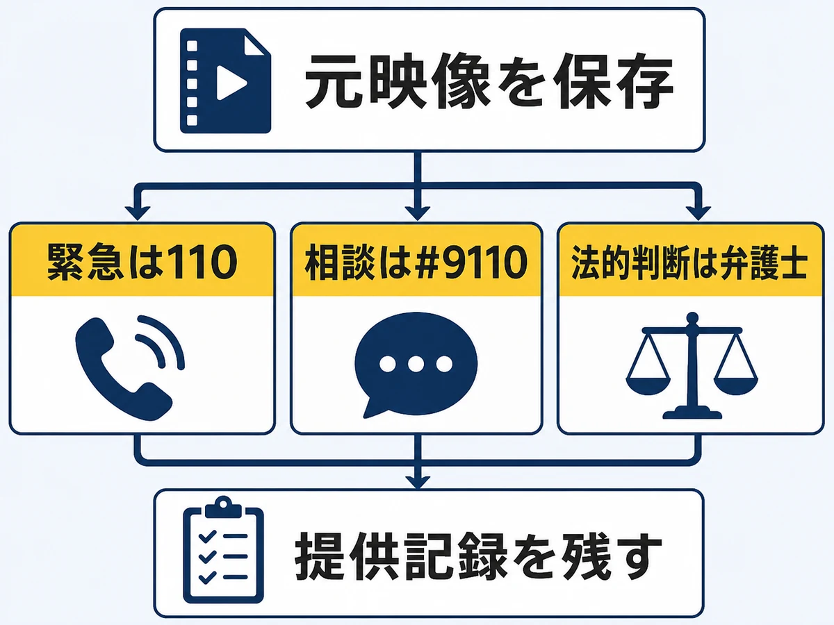 防犯カメラ映像を保存し警察や弁護士へ相談する判断フロー
