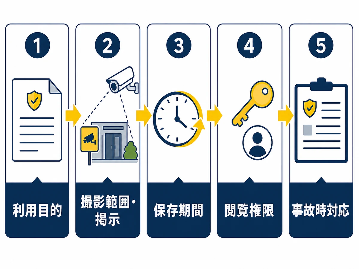 防犯カメラ設置前に決める利用目的・撮影範囲・保存期間・閲覧権限・事故時対応の流れ