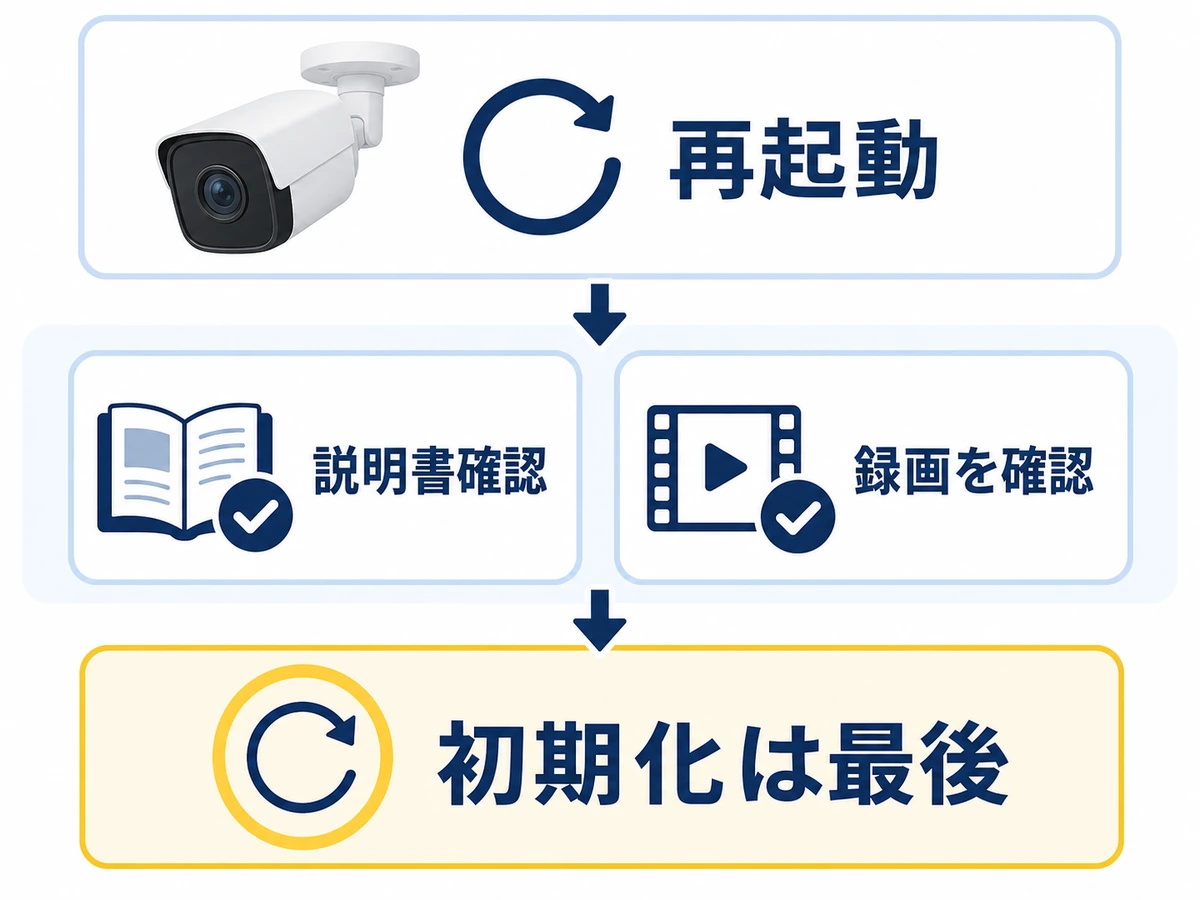 再起動、説明書、録画を確認してから初期化を判断する流れ