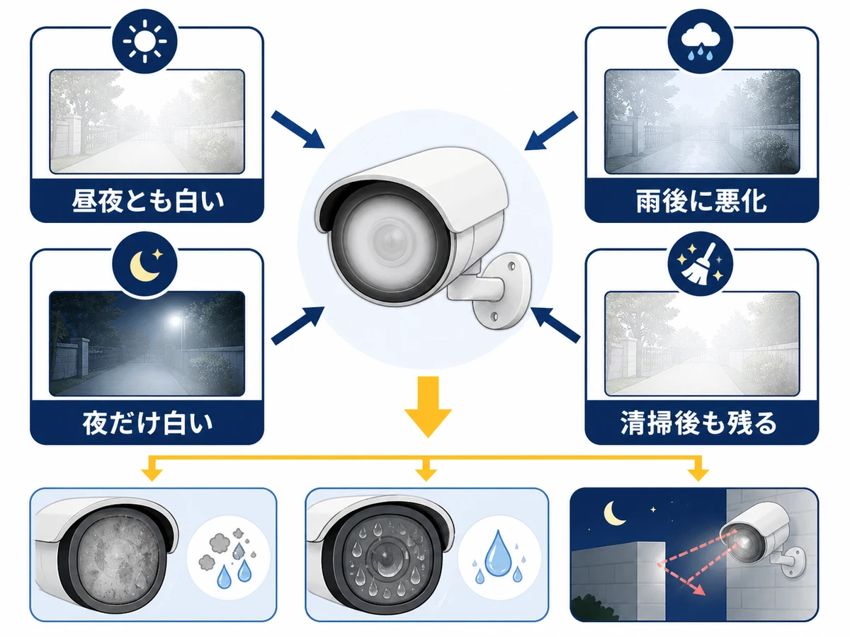 防犯カメラが白く曇る時間帯と雨・清掃後の変化を確認する流れ