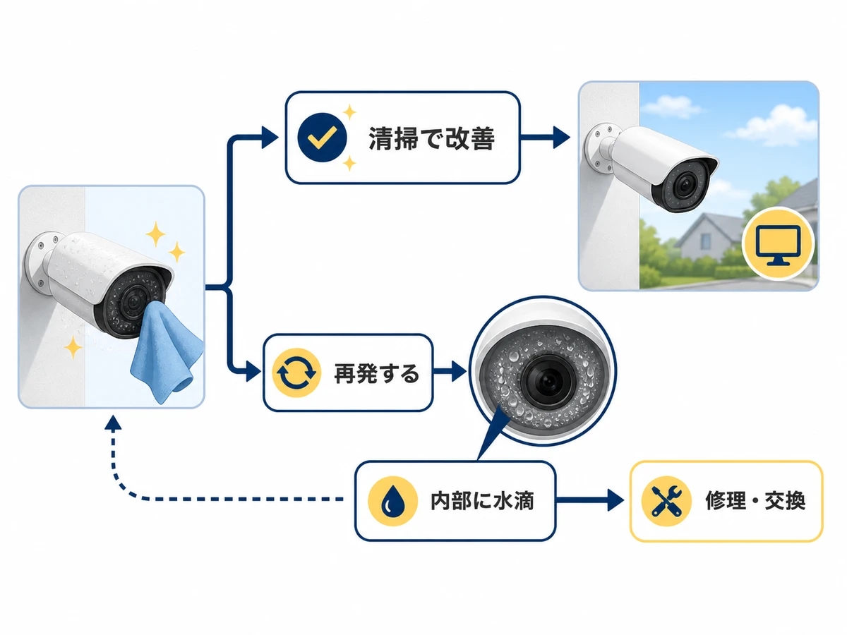 防犯カメラを清掃した後に修理相談と交換検討を分ける判断図