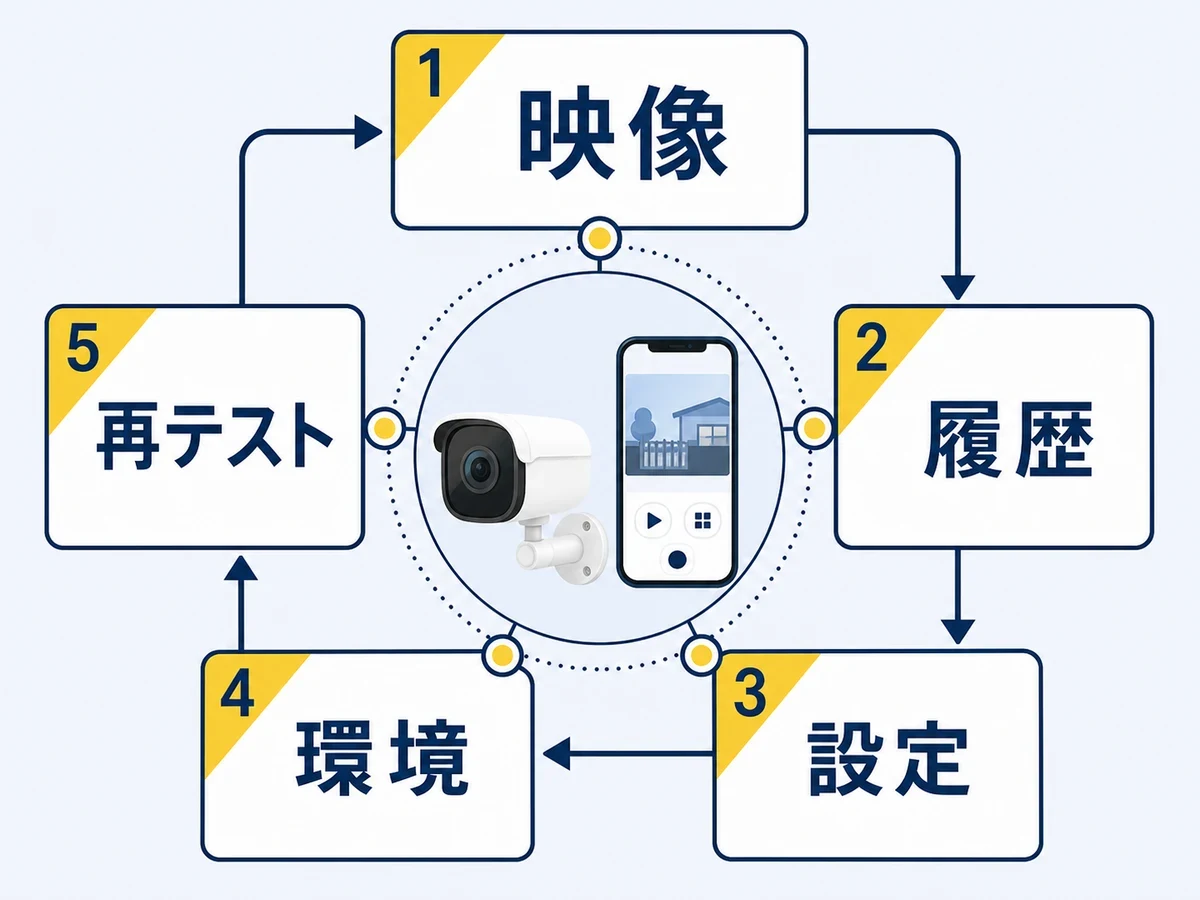 動体検知が反応しないときに映像・履歴・設定・環境・再テストの順で確認する図