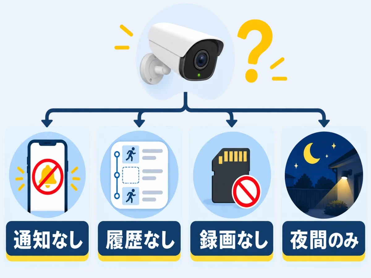 動体検知の不具合を通知なし・履歴なし・録画なし・夜間のみで分ける図