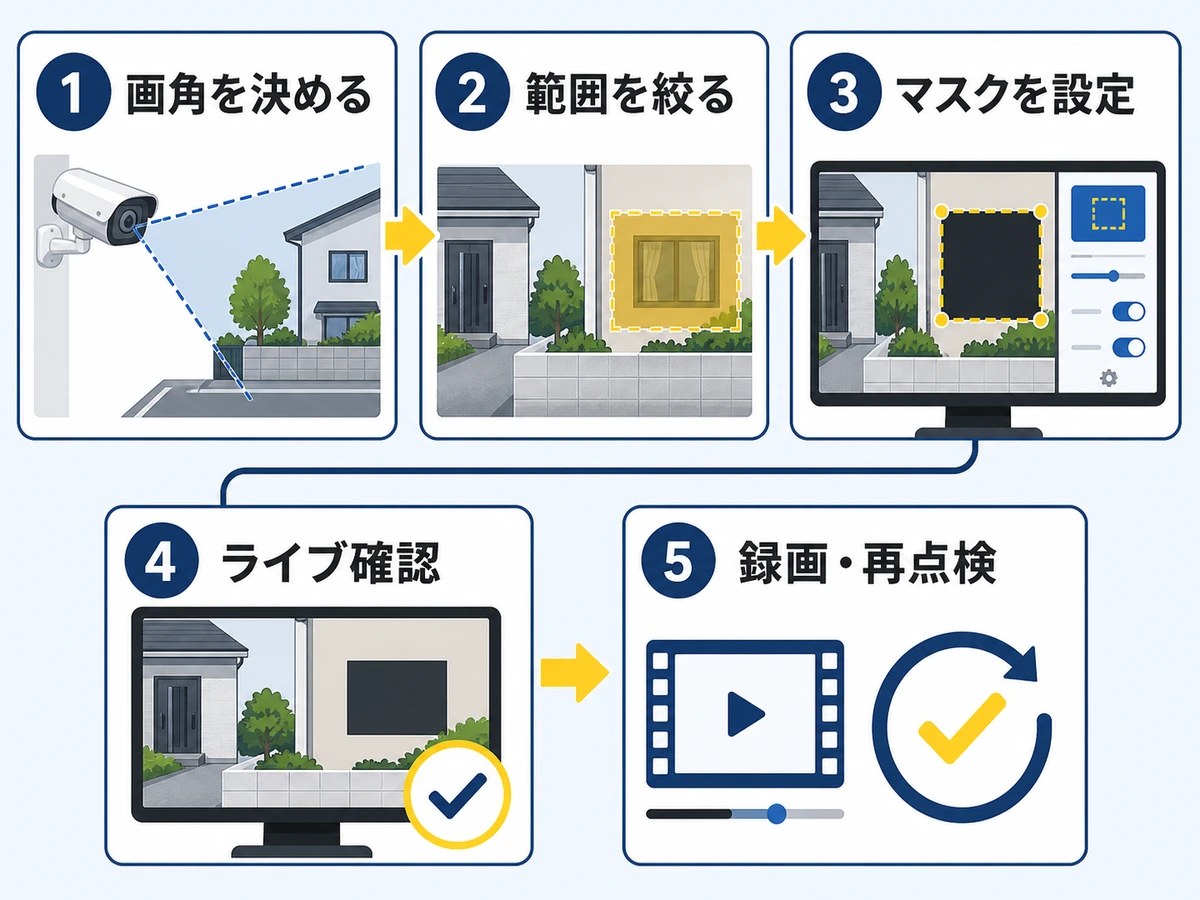 防犯カメラのプライバシーマスクを画角決定から録画確認まで進める5段階の図解