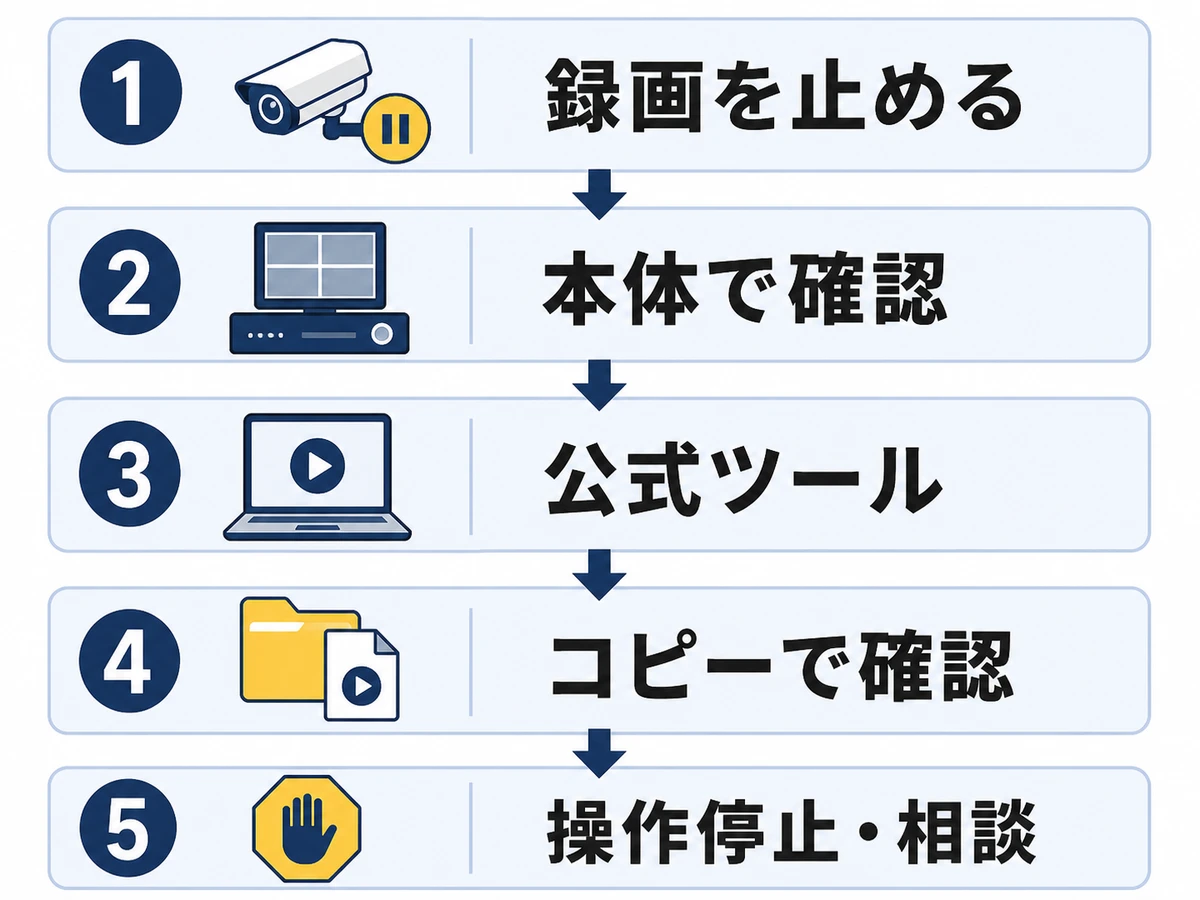 録画を止めてから本体、公式ツール、コピーの順に確認する流れ
