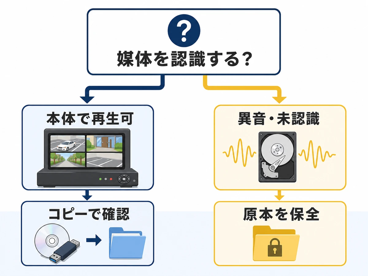 防犯カメラの録画を自分で確認する場合と操作を止める場合の判断図