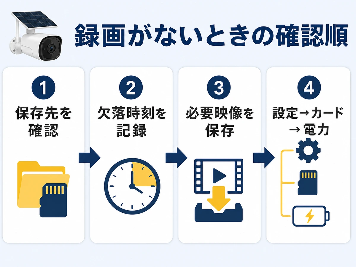 録画がないときに保存先、欠落時刻、必要映像、設定の順で確認する図