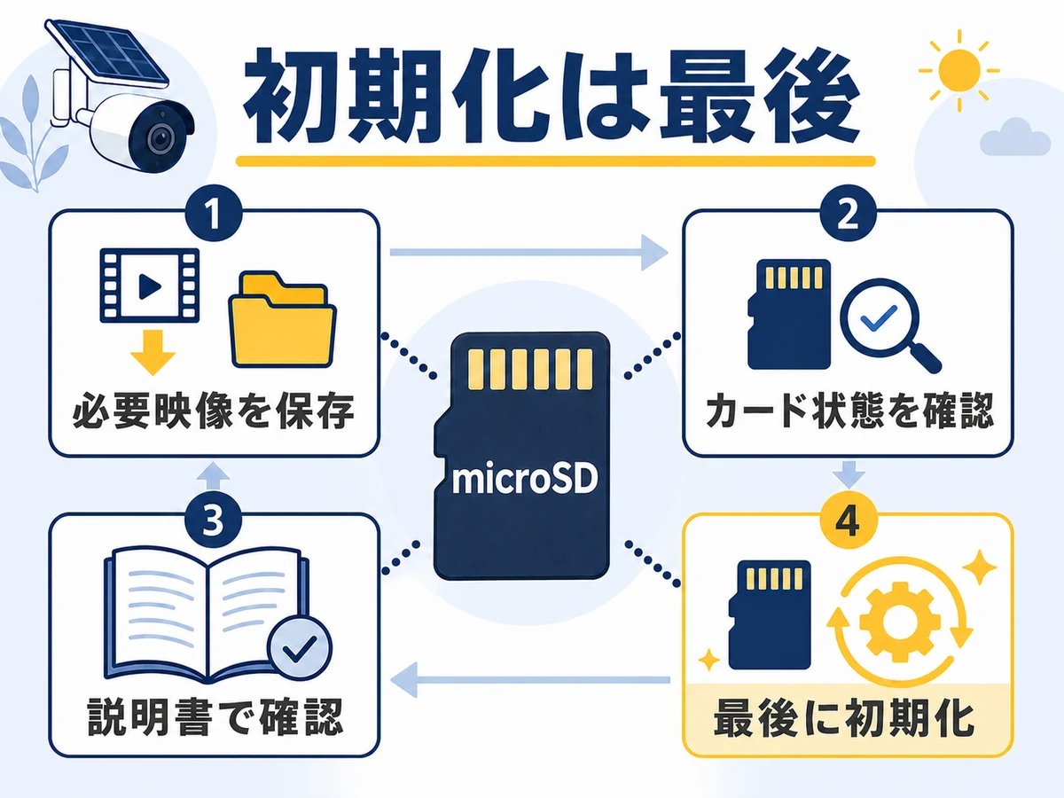 microSDカードの初期化前に映像保存、状態確認、説明書確認を行う判断図