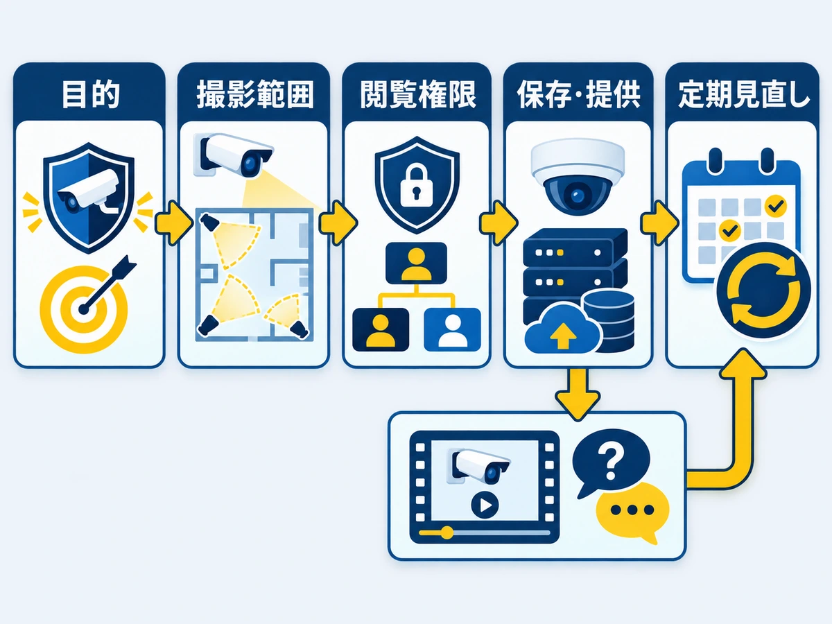 職場の防犯カメラ運用で確認する目的、撮影範囲、閲覧権限、保存・提供、定期見直しの流れ
