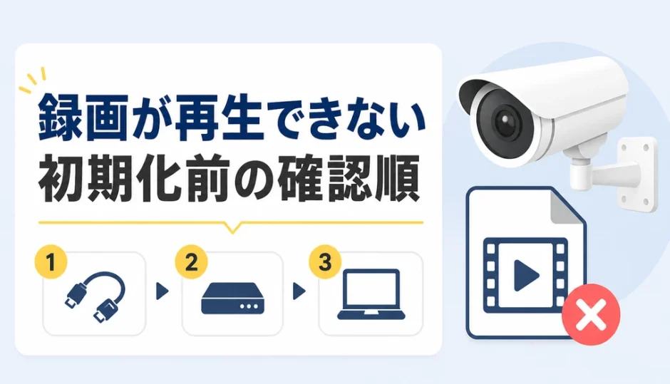 防犯カメラの録画が再生できないときに初期化前の確認順を示すサムネイル